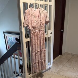 Pink Maxi Sundress with V-Neck and Flutter Sleeves